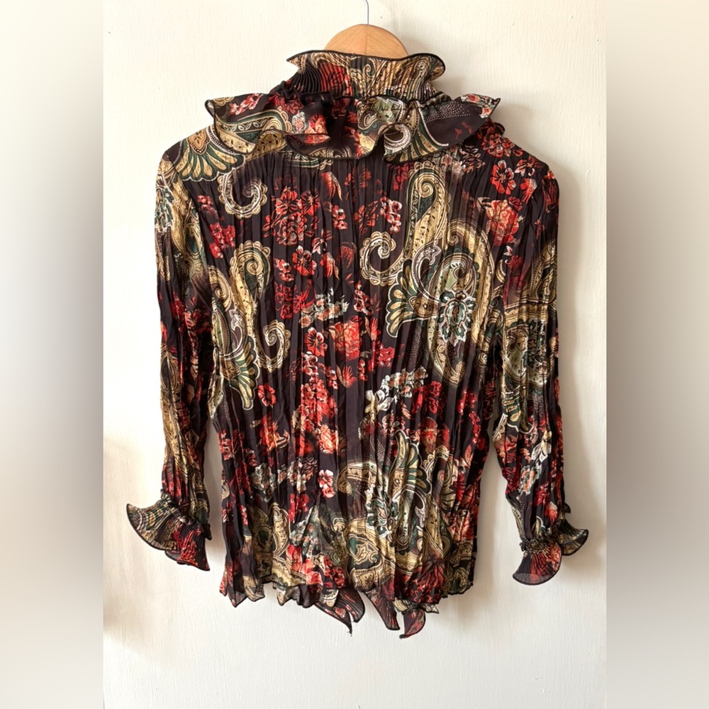 Vintage 90s Laura Petites Ruffled Button Front Pleated Floral and Paisley Blouse - Picture 12 of 15